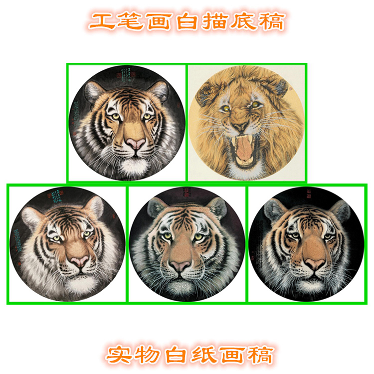 3G132老虎狮子头动物猛兽类画稿工笔画白描底稿实物过稿圆形扇面