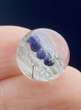 天然水晶包裹体蓝矿花吊坠圆珠DIY矿石单珠奇石饰品12.5mm