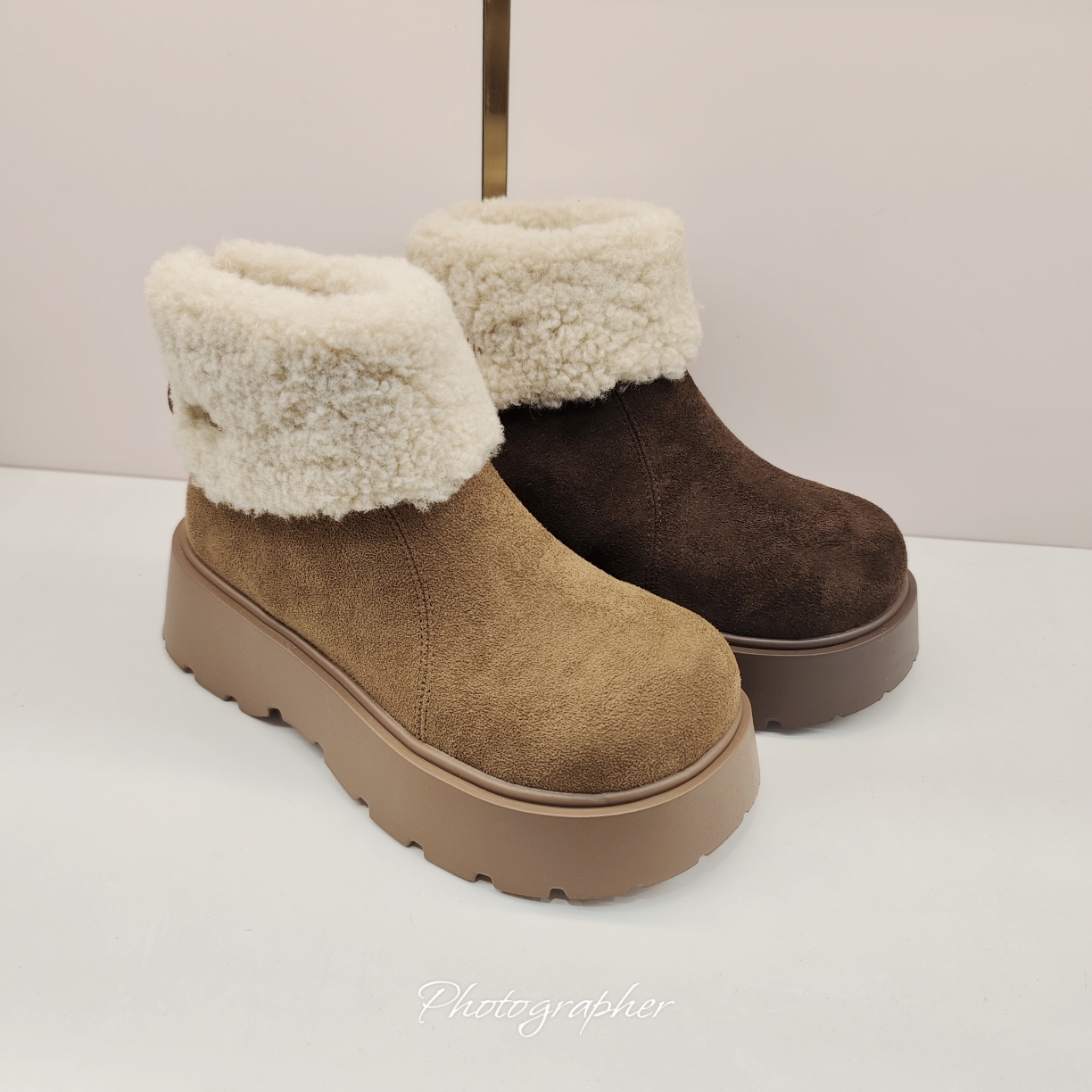 2025冬季新款实体店女鞋1991厚底勃肯鞋高帮加绒百搭圆头毛毛鞋