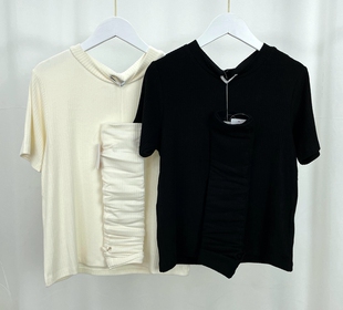 女上衣 短款 日单人棉绒感坑条显瘦气质百搭弹力圆领短袖 T恤