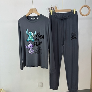 松紧腰女家居服套装 欧美单极简风人棉垂感宽松卡通刺绣圆领长袖