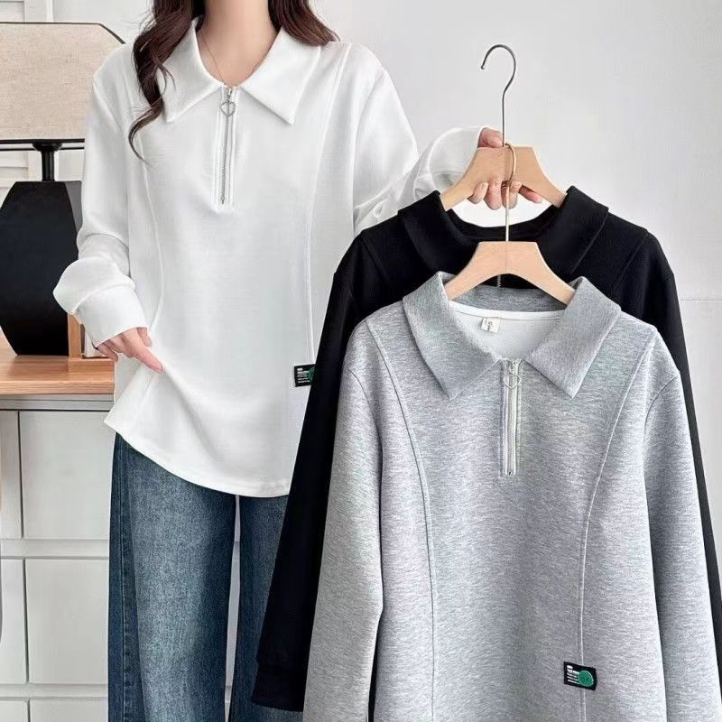春季大码女装微胖妹妹百搭宽松显瘦翻领半拉链长袖卫衣上衣打底衫