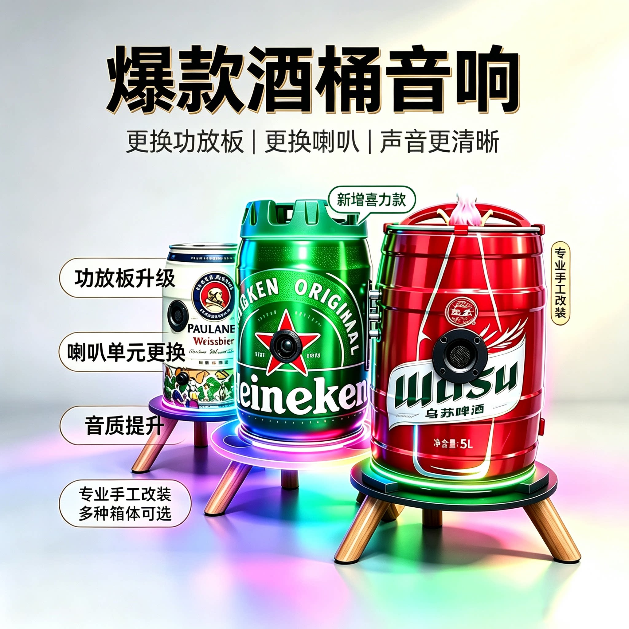 DIY啤酒桶12V锂电池蓝牙音箱改装低音炮桌面创意生日礼品摆件音响