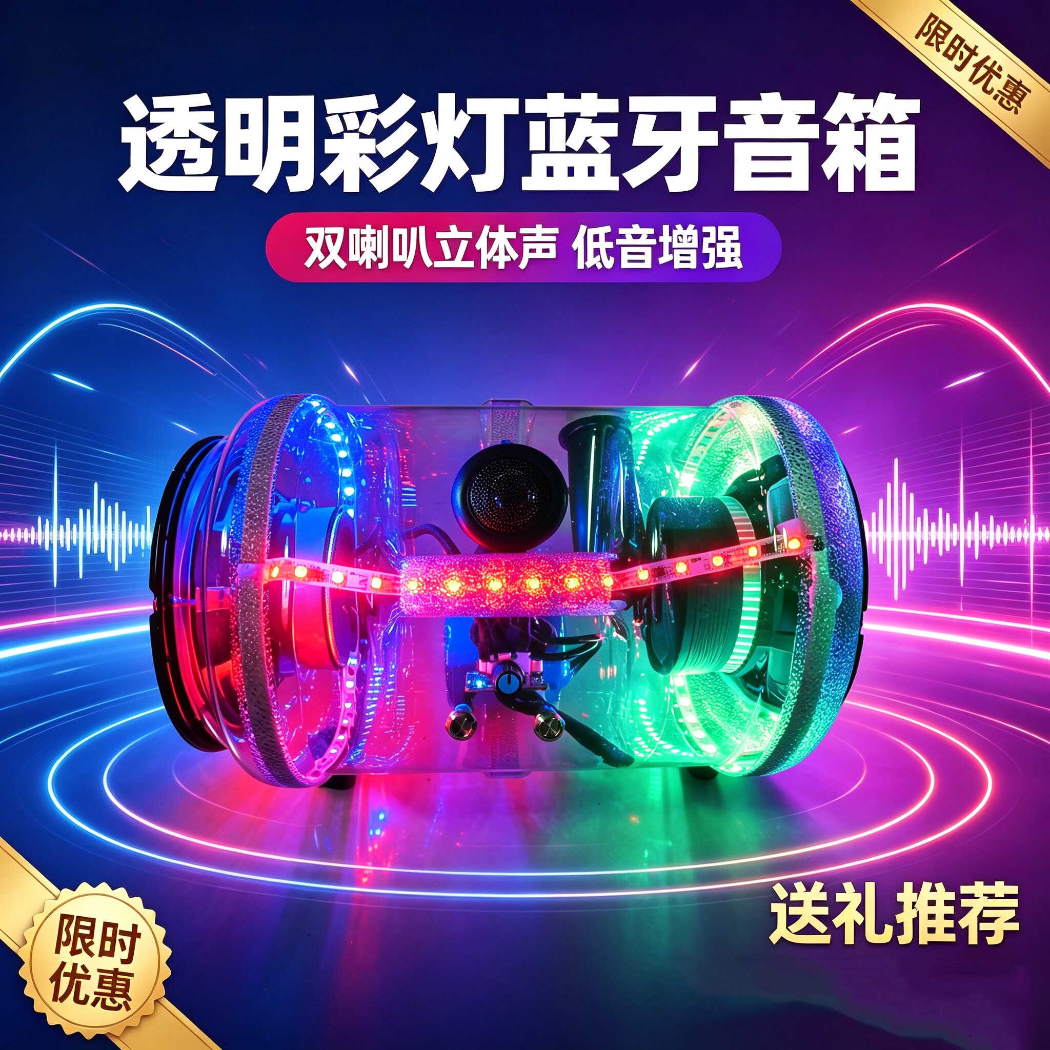 全透明箱体蓝牙音箱三分频HiFi重低音RGB氛围灯桌面家用低音炮