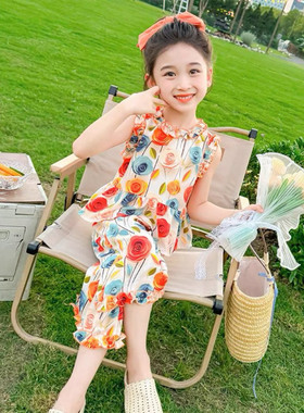 女宝宝夏季套装2026新款儿童装无袖薄款洋气女孩棉绸碎花两件套