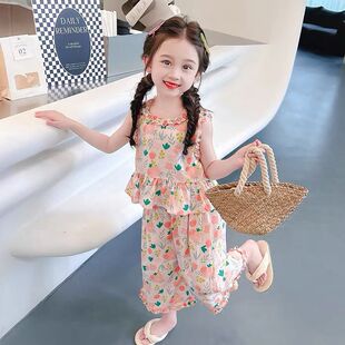 新宝宝棉绸儿童洋气小女孩薄款 女童防蚊裤 夏季 套装 两件套 夏装