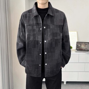 宽松休闲格子牛仔外套男士秋冬季2025新款加绒衬衫式翻领夹克男款