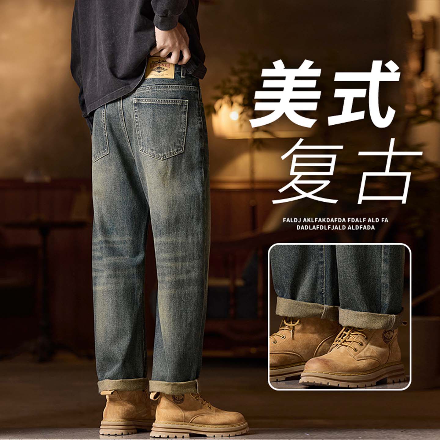 美式复古水洗牛仔裤子宽松直筒阔腿牛仔裤秋冬新款男士休闲裤子男