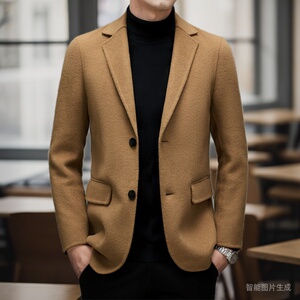 双面呢羊毛西服领男士秋冬季加厚带羽绒内胆短款毛呢子外套男装潮