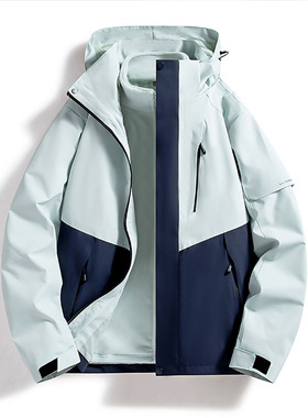 三合一冲锋衣男士休闲连帽拼色夹克户外防风防水外套情侣登山服女
