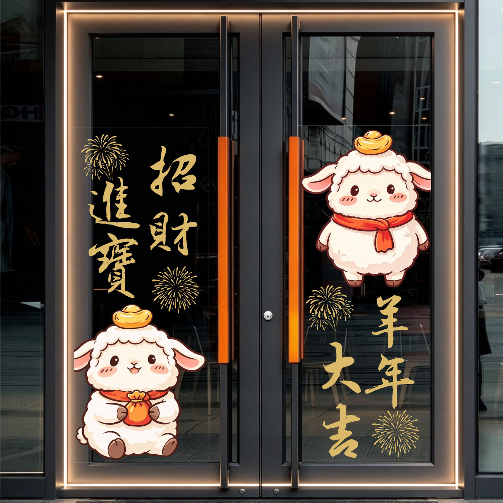 2027创意新年窗花手绘可爱小羊玻璃门贴纸酒店餐厅会所商场布置