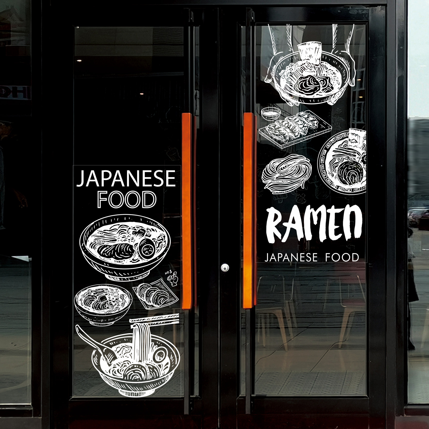 定制简约商务手绘白色日式料理寿司拉面店铺橱窗玻璃门窗贴纸花