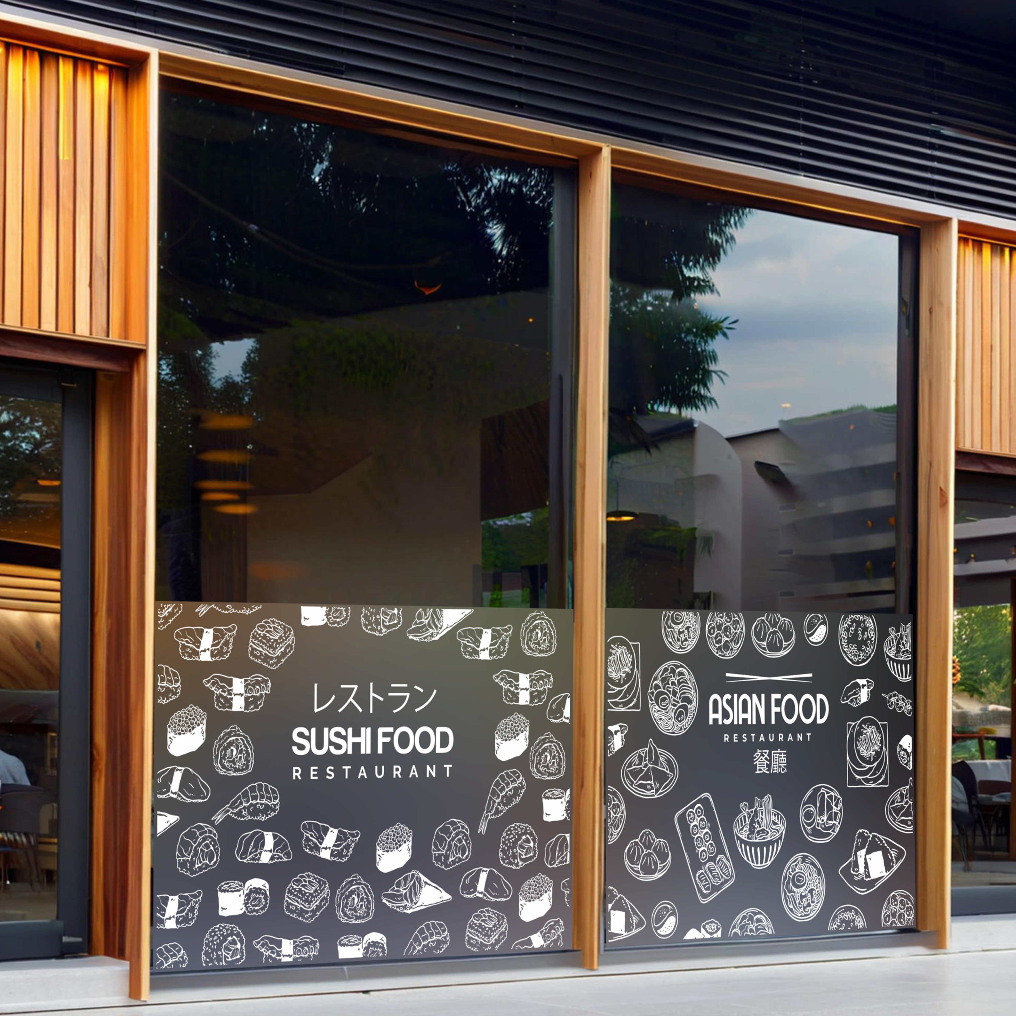 定制手绘白色创意亚洲日本寿司拉面饭店橱窗玻璃门窗磨砂贴纸花画