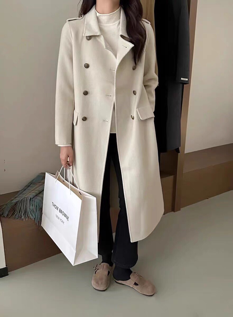 厚实高支双面羊毛呢中长款外套23秋冬女宽松西装领肩章羊绒大衣