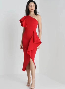 2020新款名媛气质纯色派对酒会红毯荷叶单肩礼服连衣裙女