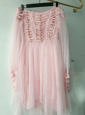 纯色高腰气质显瘦手工绑结穿环钉珠中长款拼接长袖网纱通勤休闲裙