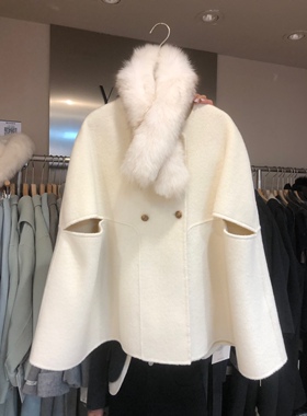 yala亚拉小个子斗篷毛呢子羊毛外套女秋冬新款韩版双面羊绒大衣女