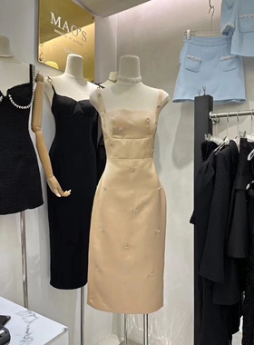 高级水钻花朵带胸垫大方领细闪缎面网纱蝴蝶结开叉中长款礼服裙