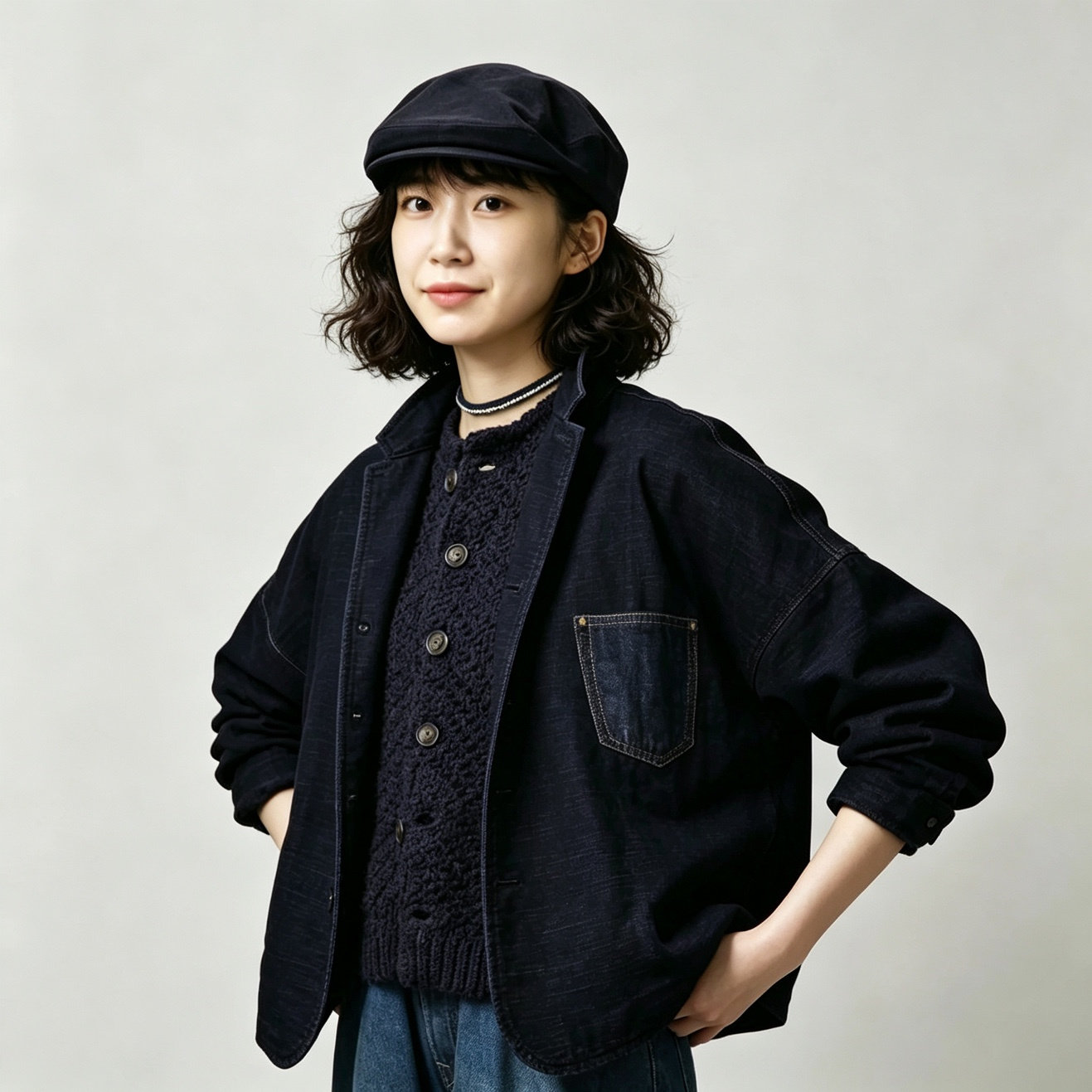 日系元单R双层面料翻领夹克女
