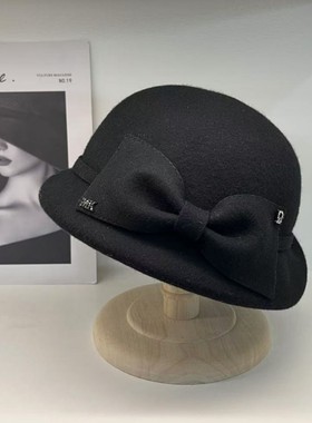 黑色澳羊毛礼帽女秋冬卷边盆帽法式赫本风洋气百搭女士翘边渔夫帽