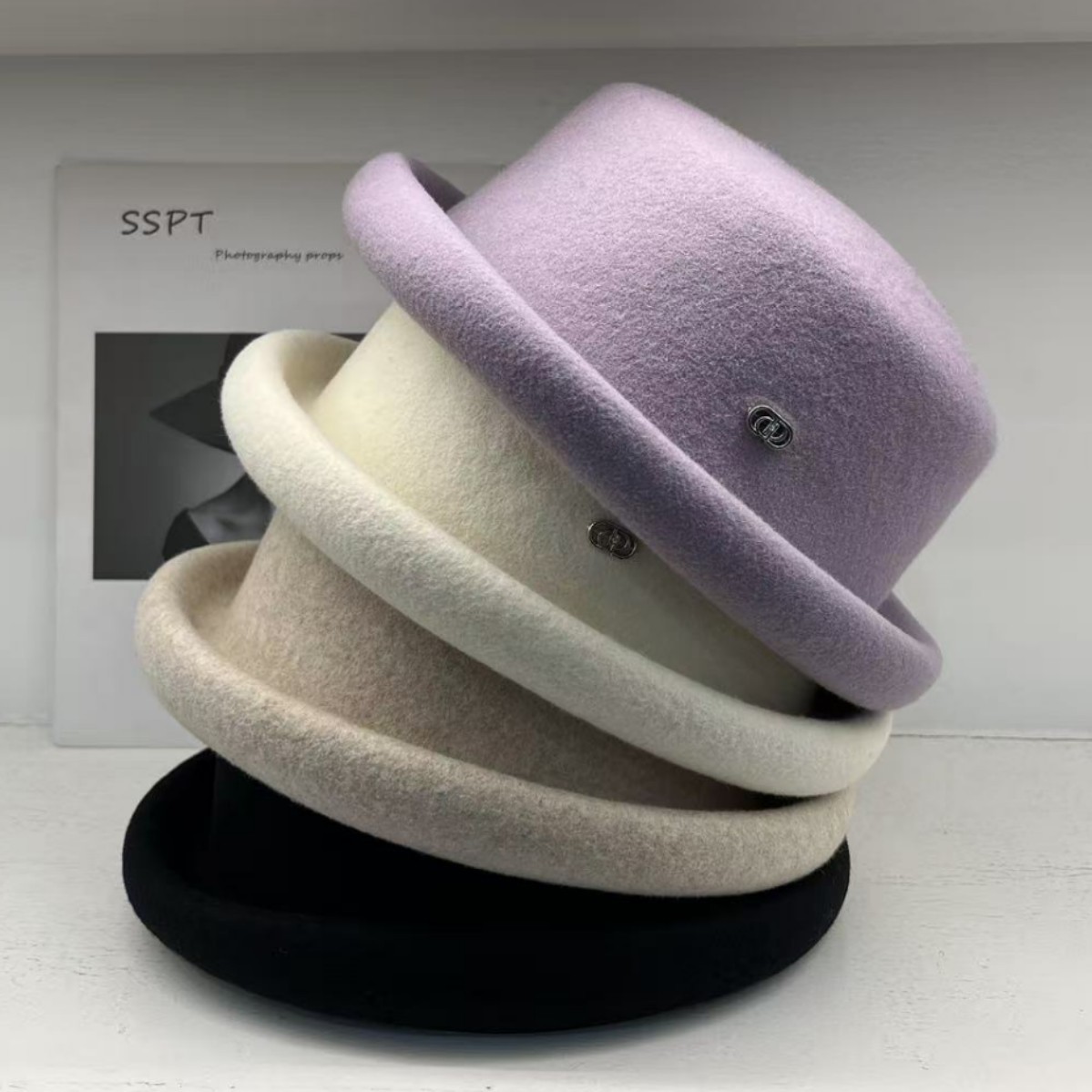 网红秋冬100%纯羊毛短檐卷边礼帽女英伦风复古盆帽子女百搭显脸小