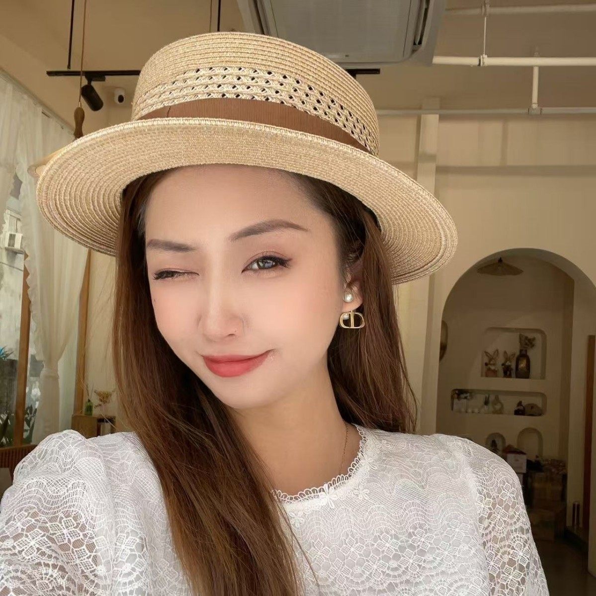 韩国版草帽女夏季出游度假遮阳防紫外线平顶帽镂空编织防晒帽子男