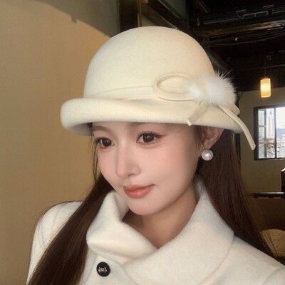 高端法式复古水貂毛球蝴蝶结贝雷帽女秋冬羊毛呢时尚小沿翘边礼帽