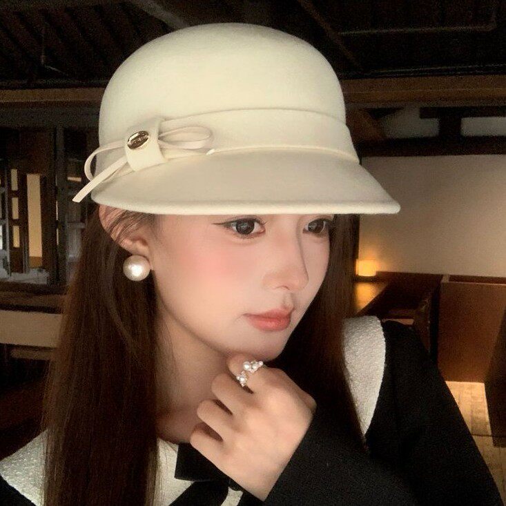 高级感100%羊毛千金蝴蝶结毛呢小礼帽女网红法式骑士鸭舌帽马术帽
