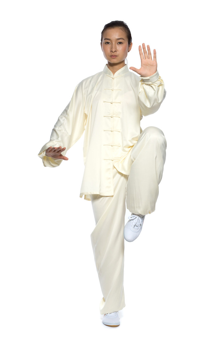 华武堂高级定制男女款亚光弹力仿真丝白色太极拳练功服