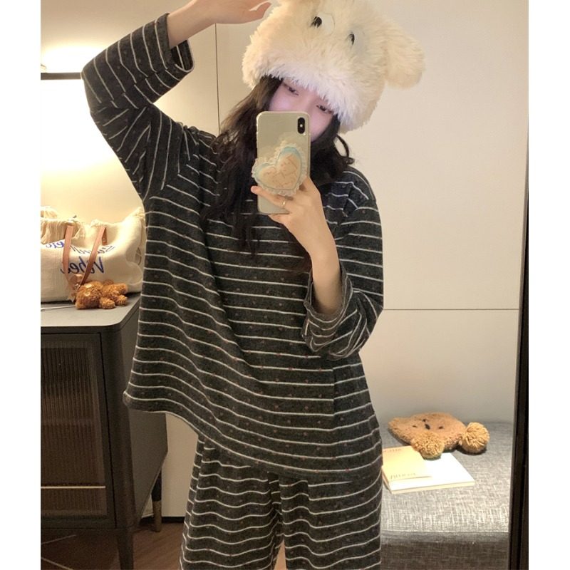 新款睡衣女秋冬春秋款韩版休闲条纹爱心长袖长裤家居服套装学生