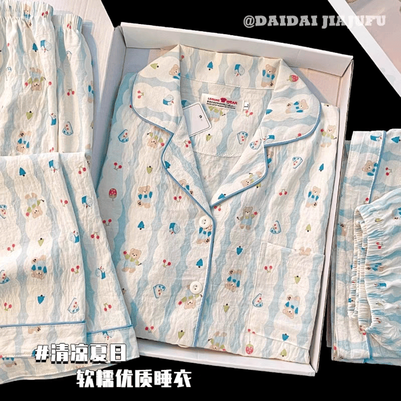 蓝色小熊睡衣女款夏季云朵棉短袖长裤卡通可爱外穿三件套装家居服