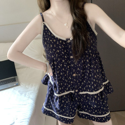 ins风甜美碎花睡衣女春夏季云朵棉吊带短裤带胸垫家居服两件套