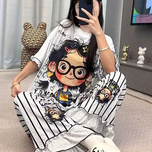 睡衣女可爱宽松卡通凉感家居服套装 眼镜萌妹 韩风圆领女孩短袖