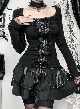 Wannathis亚文化黑色长袖上衣辣妹穿搭哥特T恤亚比y2k半身裙套装