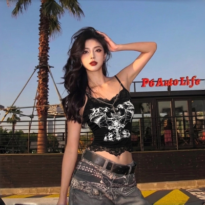 Wannathis哥特风印花吊带背心女黑色V领修身亚比辣妹抹胸y2k上衣