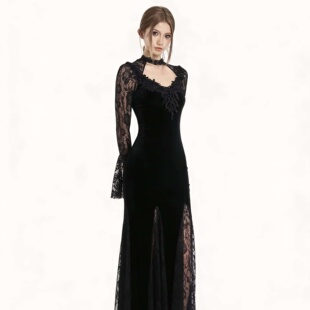 Wannathis哥特风黑色蕾丝连衣裙长袖修身显瘦鱼尾裙气质御姐穿搭