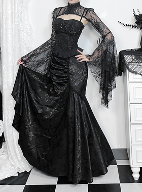 万圣节穿搭哥特宫廷风礼服套装束腰吊带不规则复古黑色鱼尾裙子