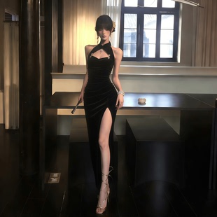 Wannathis性感风黑色丝绒连衣裙修身 收腰开叉旗袍轻名媛气质长裙