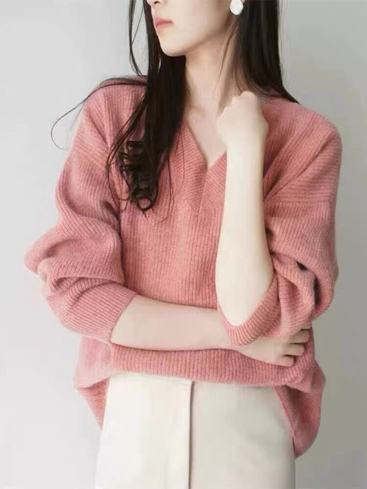 100%羊毛V领加厚保暖毛衣女