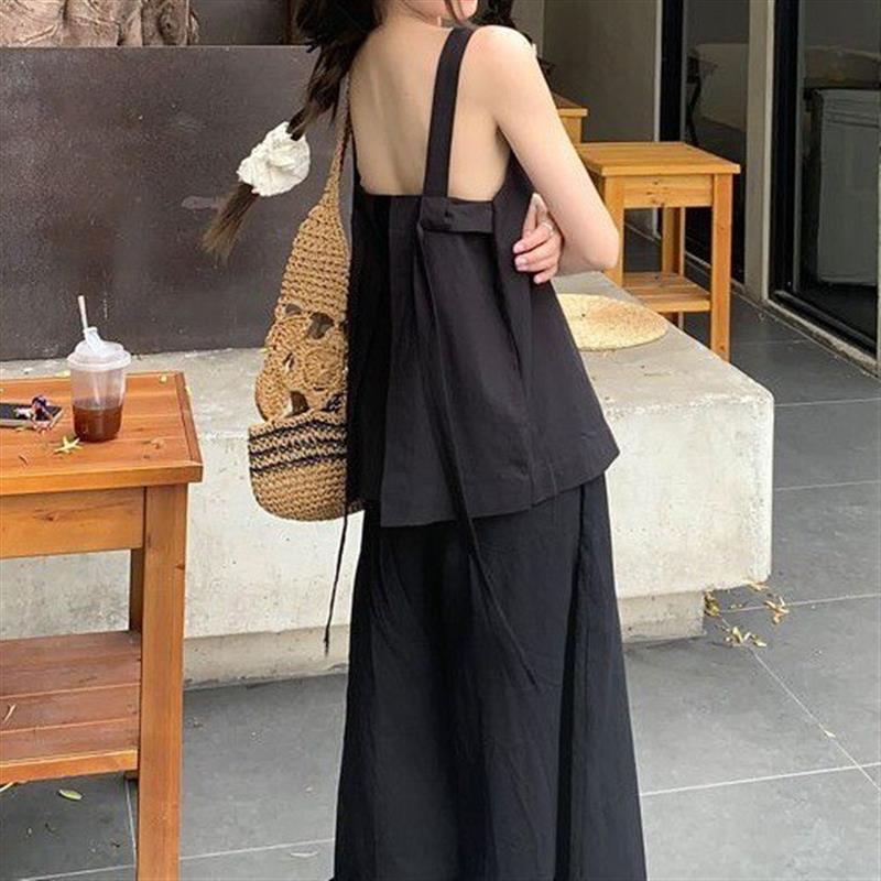 韩系辣妹风设计感黑色吊带背心女装夏季高腰显瘦直筒阔腿裤两件套