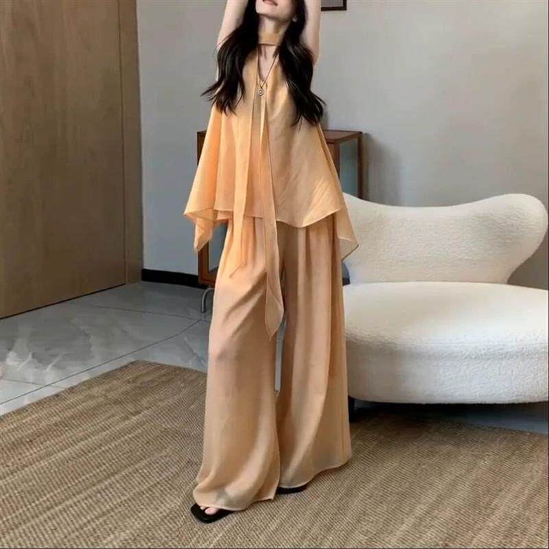 韩系巨好看ootd穿搭一整套2026新款橘色背心上衣女夏季阔腿裤套装