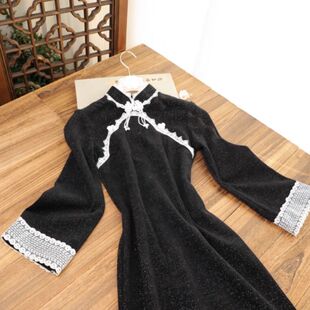 俏娘鱼复古风改良新中式长袖旗袍2025年冬季新款黑色日常可穿年轻