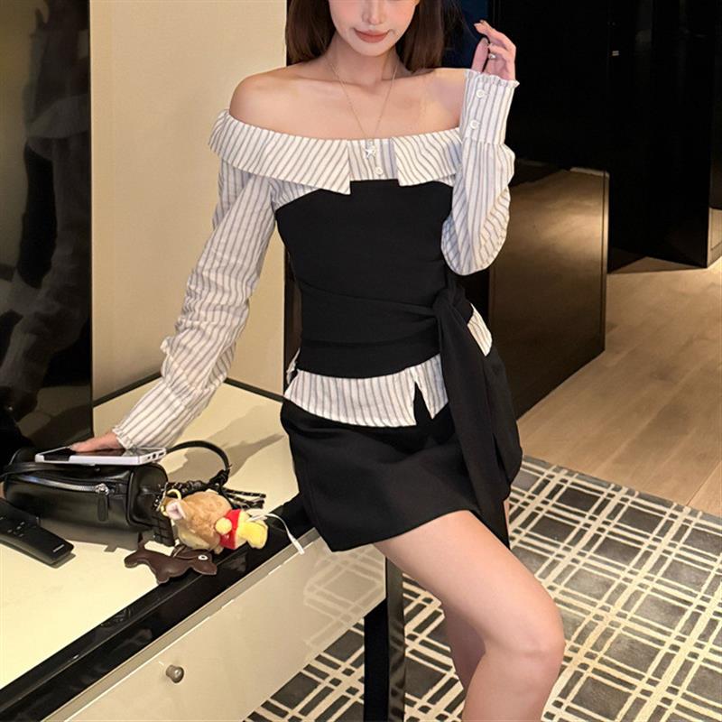 韩系新款纯欲风套装撞色条纹长袖衬衫女秋季高腰显瘦半身裙两件套