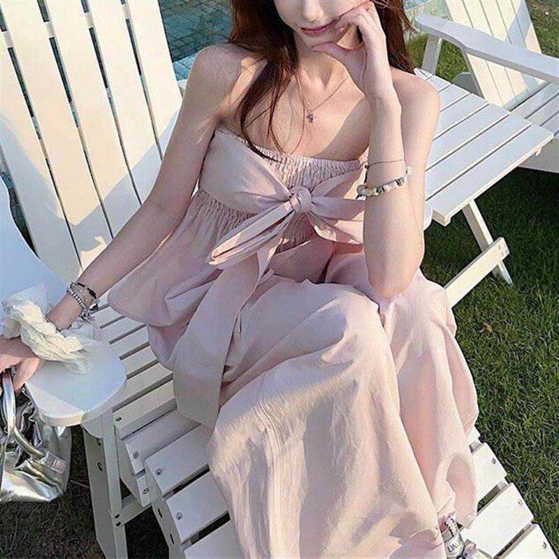 韩版甜美风时尚套装女夏季新款粉色蝴蝶结抹胸上衣阔腿长裤两件套