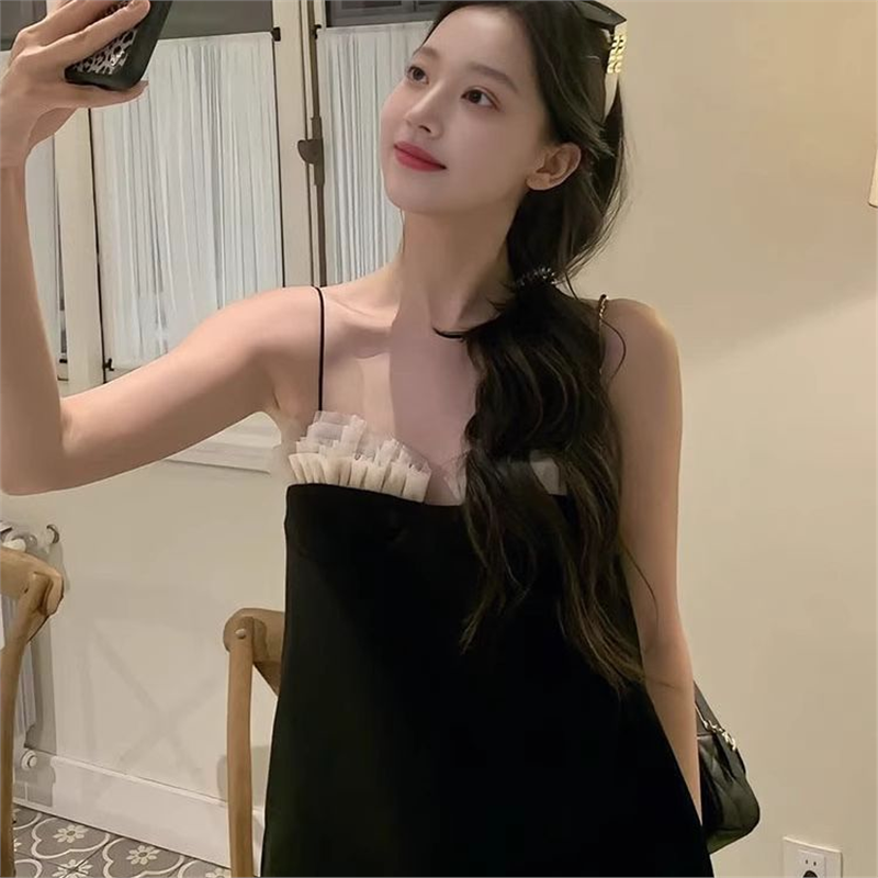 生日订婚礼服裙高端轻奢小众日常可穿薄纱拼接黑色法式吊带连衣裙