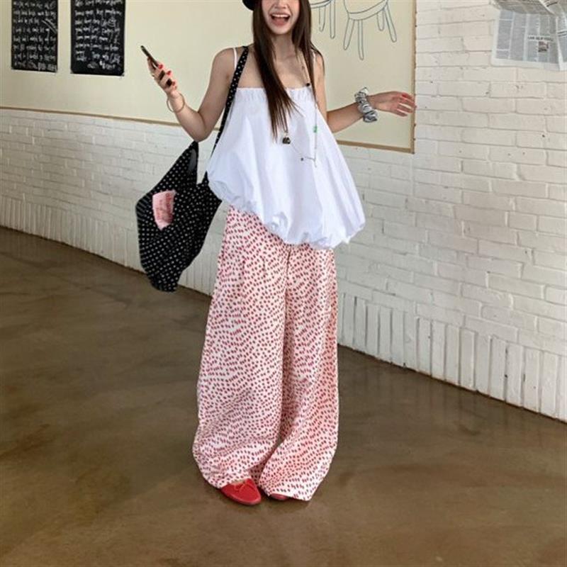 甜美风套装不规则白色花苞吊带背心女夏季碎花阔腿裤休闲裤两件套