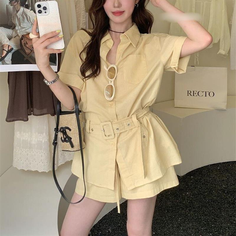 韩系新款时尚百搭女2026夏季设计感翻领短袖衬衫高腰显瘦短裤套装