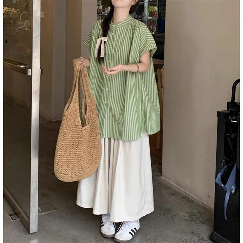 简约条纹百搭短袖衬衫女装夏季新款宽松纯色阔腿休闲裤时尚套装潮