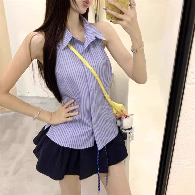 夏日通勤漂亮套装女2026新款系带气质条纹无袖衬衫百褶短裙两件套