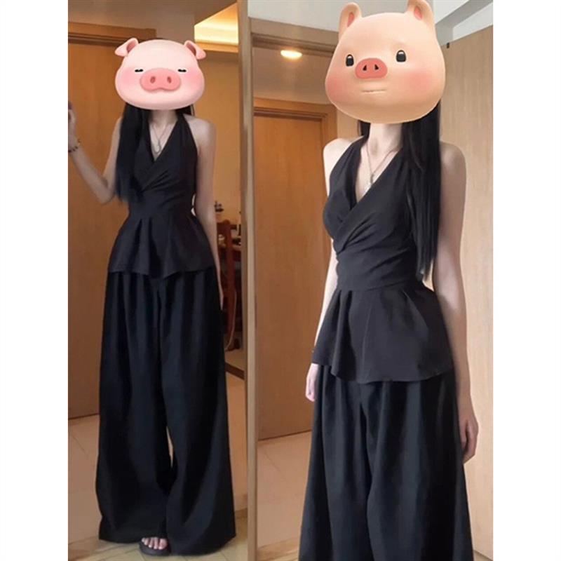 黑色无袖挂脖上衣女夏装2026新款高级感气质又a又飒搭配一整套装